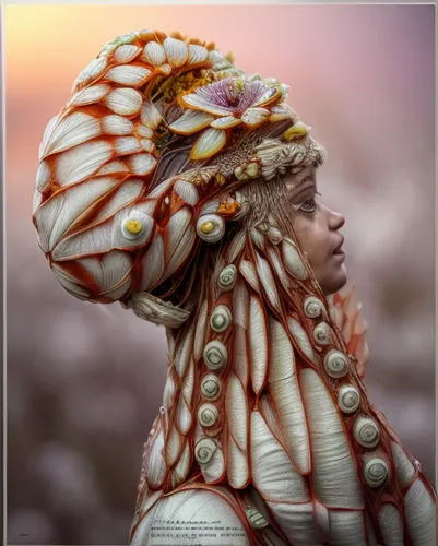 conch shell,mandelbulb,headdress,the hat of the woman,sea shell,sea anemone,beautiful bonnet,seashell,indian headdress,womans seaside hat,spiny sea shell,kokoshnik,suit of the snow maiden,asian conical hat,woman's hat,conch,the hat-female,whelk,feather headdress,ancient costume,Realistic,Flower,Viola