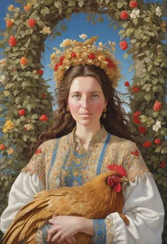 cockerel,woman holding pie,shepherdess,portrait of a hen,girl with bread-and-butter,hen