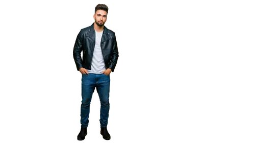 Sexy muscular man, Latino, 25yo, short black hair, trimmed beard, athletic build, broad chest, ripped abs, strong legs, black leather jacket, white tank top, dark blue jeans, boots, confident pose, st