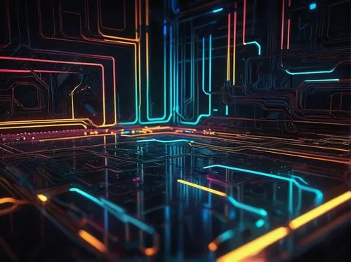 EfficientNet B0 architecture, minimalist modern background, sleek lines, futuristic vibe, metallic surfaces, LED lights, circuit boards, wires, microchips, 3D rendering, low-poly model, neon lights re