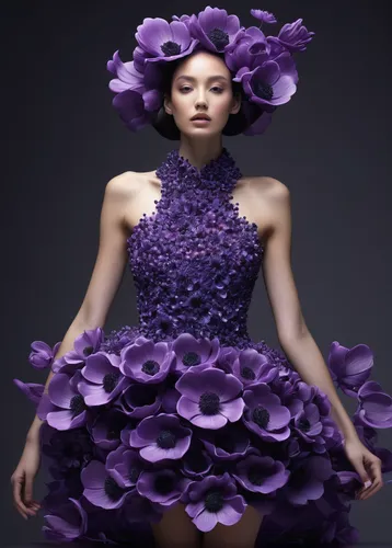 Design a vibrant dress inspired by anemone purple floral for a fashion show.,petals purple,anemone purple floral,violet flowers,anemone honorine jobert,purple rose,violet colour,purple anemone,purple 