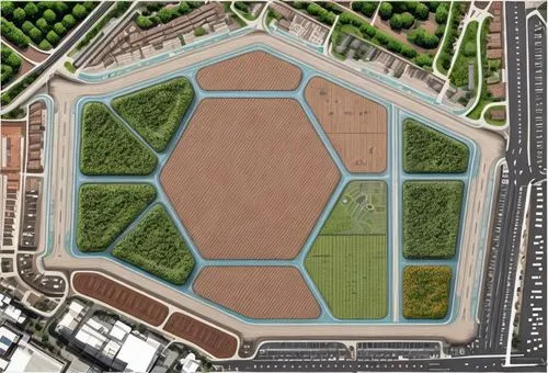 Design an block in an urban design project using the image 
the green space represent a cemetry in the middle which should be conserved 
the Gray colour is the the existiong road network with the blue