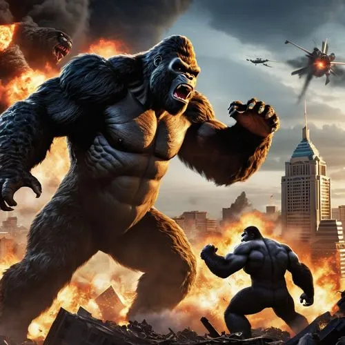 A thrilling, cartoon-style scene of King Kong fighting Godzilla. King Kong, with his massive, muscular build and fierce expression, is mid-swing with a powerful punch. Godzilla, towering and reptilian