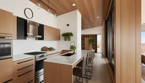 A sleek, modern kitchen with clean lines and minimalistic design. Natural lighting enhances realistic shadows and accurate perspective. High-quality materials like polished marble countertops, stainle