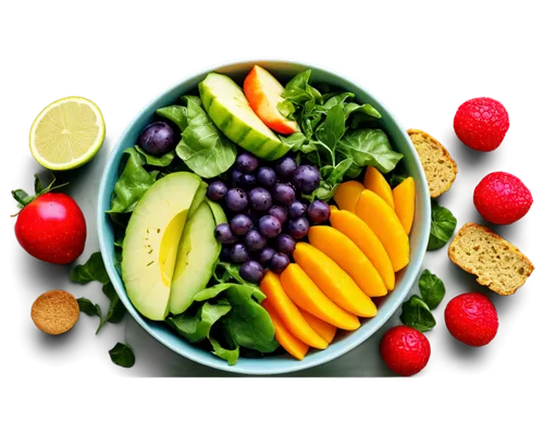 Colorful mixed greens, fresh vegetables, juicy fruits, crispy croutons, creamy dressing, glass bowl, natural lighting, overhead shot, shallow depth of field, vibrant colors, high contrast, 3/4 composi