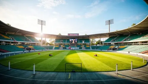 Athletic track, lush green grass, vibrant sports equipment, goalposts, scoreboards, spectator stands, modern stadium architecture, curved lines, dynamic shapes, open spaces, natural ventilation, abund