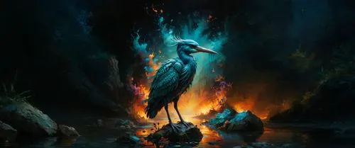 patronus,fantasy art,fantasy picture,fire background,blue heron,brisingr