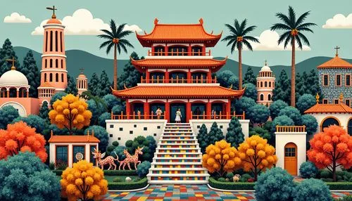 Vibrant cultural fusion, traditional Asian pagoda, intricate Islamic geometries, colorful African patterns, ornate Indian carvings, majestic Chinese dragons, Japanese minimalism, Korean hanok-inspired