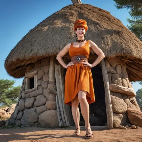 Wilma Flintstone, prehistoric short dress, prehistoric house,neolithic,basotho,ancient costume,germanic tribes,cave girl,botswanian pula,parookaville,african woman,orange robes,pixie-bob,hipparchia,pi