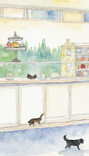 watercolor tea shop,watercolor shops,watercolor cafe,cat's cafe,pet shop,china cabinet,pantry,kitchen shop,houseboat,windowsill,kitchen,window sill,kitchen cabinet,boathouse,dog cafe,kitchen counter,pet supply,the kitchen,watercolor cat,store fronts,Illustration,Paper based,Paper Based 22