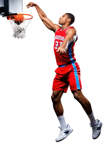 muscular man, athletic wear, dynamic dunking action, powerful legs, strong arms, basketball in hand, sweaty hair, intense facial expression, spotlight shining down, dramatic shadows, 3/4 composition, 