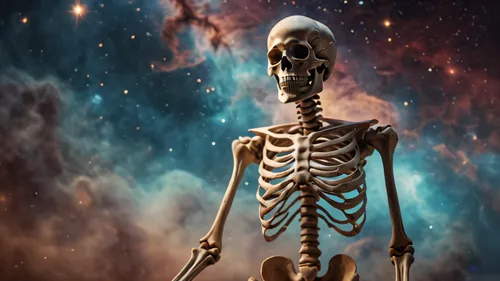 A graceful skeleton demigod floating through a nebula . ,vintage skeleton,skeletal,human skeleton,skeleton,skeleltt,skeletal structure,calcium,day of the dead skeleton,skeletons,vanitas,bone,et,skull 