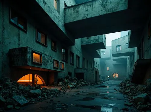 Deconstructivist cinematic scene, dark muted color palette, rich textures, abstract shapes, fragmented forms, eerie atmosphere, dimly lit corridors, neon light accents, distorted reflections, broken m