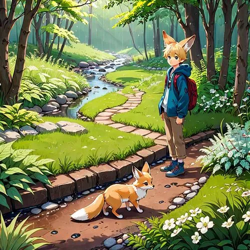 garden-fox tail,little fox,cute fox,adorable fox,forest walk,foxes,Anime,Anime,Traditional