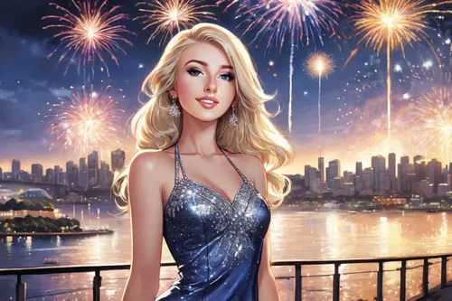 blonde, outdoor, indigo, silver, rhinestones, lens flare, sparkle, luscious lips, metallic makeup, gorgeous, fireworks over Sydney Harbour in background,fireworks background,new year's eve 2015,firewo