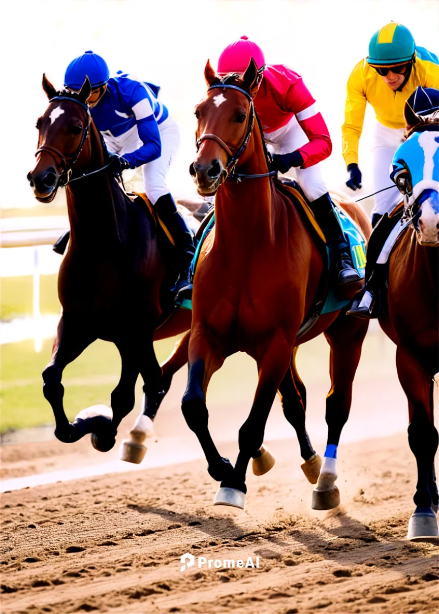 Racing horses, dynamic movement, energetic atmosphere, galloping horses, jockeys in colorful uniforms, horse riders with helmets, shiny horse bodies, muscular horse legs, detailed horse faces, racing 