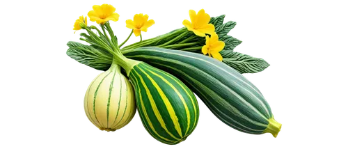 Green squashes, rounded body, vertical stripes, bright yellow flowers, leafy greens, solo, still life, natural lighting, 3/4 composition, soft focus, warm color tone, realistic texture.,pinya,zucchino