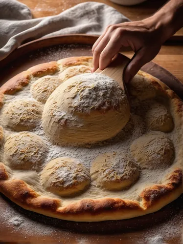 yeast, pizza dough, rising, fluffy texture, kneading hands, flour dusted surface, round shape, elastic, gluten strands, kitchen setting, wooden rolling pin, oven-ready, warm ambient light, close-up sh