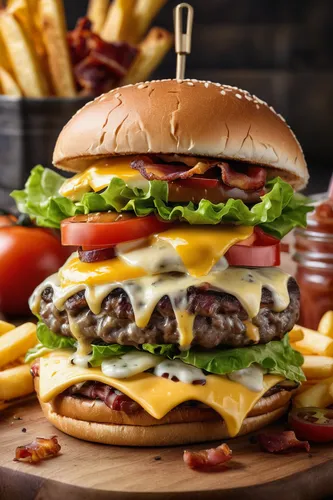 hyper realistic image of a juicy burger with melted cheese, tomato, lettuce and bacon ,french-fries and dips on the side, served on a butcher block. ,cheeseburger,burger king premium burgers,row burge