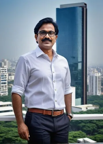 Middle-aged male architecture designer, wearing black framed glasses, neatly combed black hair, white shirt with rolled-up sleeves, dark blue formal trousers, brown leather belt, holding a scale model