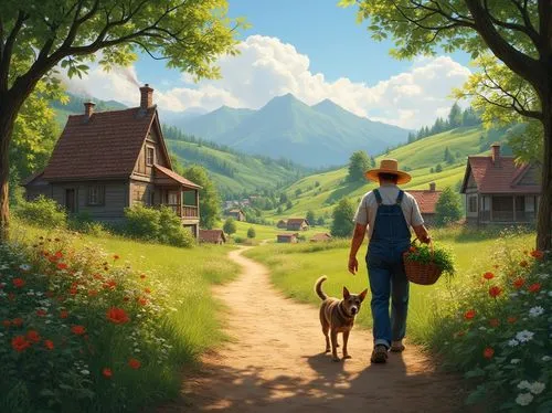 boy and dog,girl with dog,countryside,arrietty,summer day,village life,stroll,home landscape,walking in a spring,travelers,springtime background,girl and boy outdoor,companion dog,walking dogs,homesteader,world digital painting,villager,ghibli,shepherd,rural landscape,Photography,General,Realistic