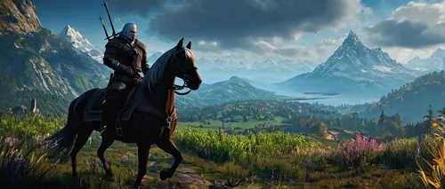 witcher,skyrim,northrend,fantasy picture,mountain world,plains,mountain scene,the landscape of the mountains,the spirit of the mountains,mountain valley,hunting scene,landscape background,the beauty of the mountains,mountainous landscape,fantasy landscape,5 dragon peak,mountain landscape,salt meadow landscape,screenshot,giant mountains,Conceptual Art,Sci-Fi,Sci-Fi 18