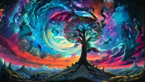 colorful tree of life,magic tree,tree of life,painted tree,yggdrasil,flourishing tree,Illustration,Abstract Fantasy,Abstract Fantasy 19