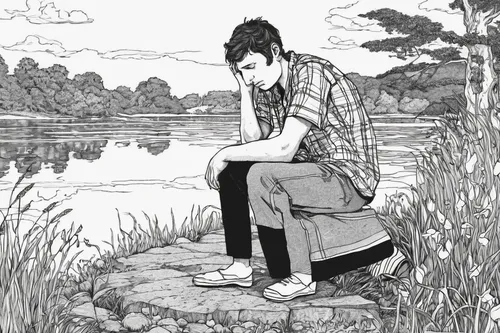 boy praying,coloring page,lonely child,pond,l pond,narcissus,sits on away,contemplation,male poses for drawing,takikomi gohan,meditating,contemplate,narcissus of the poets,lupin,chonmage,contemplative,comic style,pensive,lonely,man on a bench,Illustration,Black and White,Black and White 06