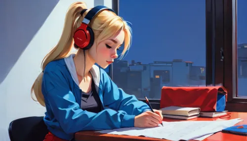 girl studying,girl at the computer,writing-book,girl drawing,study,blonde woman reading a newspaper,blonde sits and reads the newspaper,learn to write,writing about,to write,listening to music,writer,