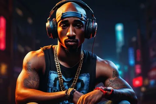 Tupac Shakur, Fortnite gamer, African American, gold chain, tattoos, athletic build, sleeveless shirt, ripped jeans, red sneakers, gaming headset, intense gaze, competitive pose, dark background, neon