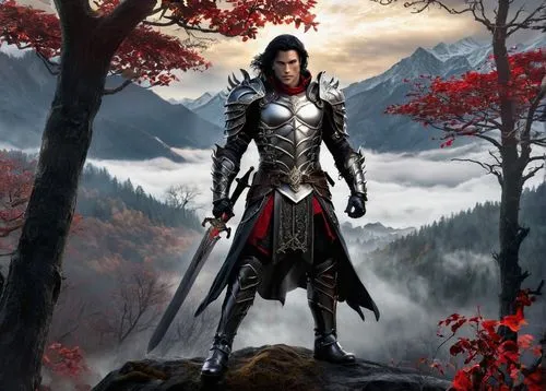 Grismo, dark fantasy, male warrior, muscular build, grey skin, sharp facial features, glowing red eyes, black hair with silver streaks, intricate armor set, shoulder pads, chest plate, gauntlets, boot