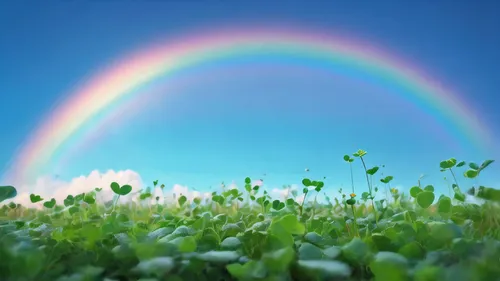 Zoom out wide angle,  lovely pastel rainbow on the clearly blue sky background, focus the pretty 4 leaves clover, windy, dew drop, super fresh morning, field, ,rainbow background,pot of gold backgroun