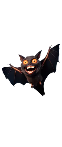 Halloween-themed bat, flying pose, dark background, glowing eyes, fangs visible, black wings spread wide, eerie atmosphere, spooky lighting, cinematic composition, shallow depth of field, 3/4 view, cl