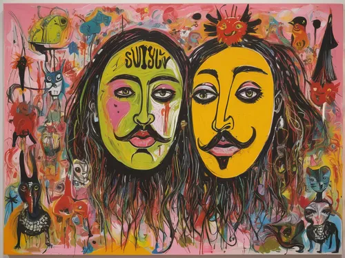 adam and eve,blotter,burgos-rosa de lima,multicolor faces,blank vinyl record jacket,heads,covid-19 mask,bullions,dali,modern pop art,album cover,masque,masks,buds,artwork,faces,comedy tragedy masks,pop art people,pico de gallo,colorful bleter,Conceptual Art,Graffiti Art,Graffiti Art 10