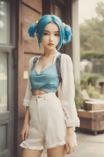 this doll is wearing shorts, a blue top and a hairdoll,nunu,wonju,yangmei,xiaolu,chengjie,chunli,Photography,Polaroid