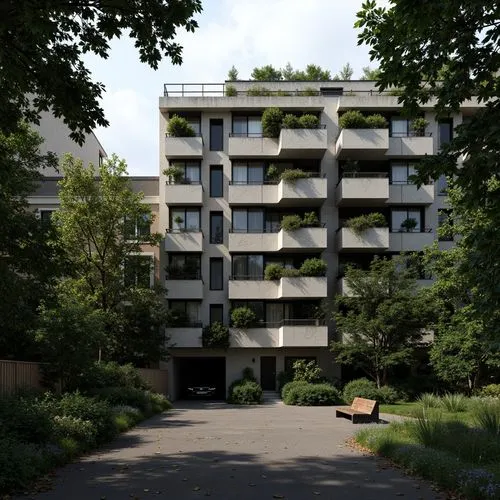 Rugged brutalist building, raw concrete textures, industrial metal accents, urban cityscape, dense foliage, mature trees, overgrown vegetation, abandoned lots, distressed stone walls, crumbling brick 