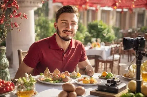 front view of a man, sitting at table, delicious Easter brunch, outdoor celebration, red tablecloth, wearing polo tee, casual brunch attire, colourful dishes of easter food, perfect food, small easter