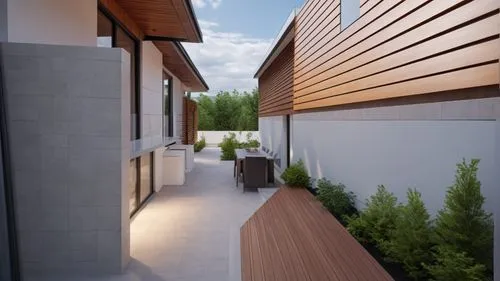 a minimalist architecture style,an empty walkway leads to the rear porch,landscape design sydney,garden design sydney,landscape designers sydney,3d rendering,weatherboards,wooden decking,Photography,G