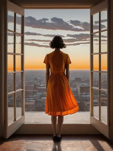 woman silhouette,girl in a long dress,silhouette,a girl in a dress,orange robes,window to the world,overlook,orange,girl in a long dress from the back,vertigo,orange sky,window view,silhouette against the sky,art silhouette,lubezki,the silhouette,house silhouette,tangerine,girl walking away,overlooking,Illustration,Vector,Vector 12