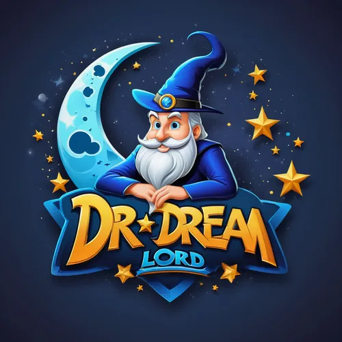 Logo for text "'Dr. Dream Dream Lord"' on the theme of looney toon wizard sitting, Moon and stars logo theme. 3d logo,android game,steam logo,logo header,game illustration,mobile game,steam icon,play 