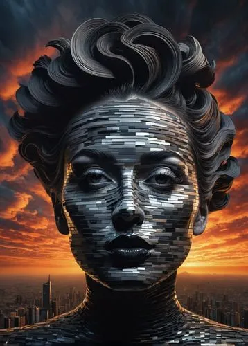 wood and carven fibonaci spiral sunset  in the clouds,, pixelated image,  Transform pixelated videos into high-definition footage. dark and  grey lips, salvador dali dark matter
,world digital paintin