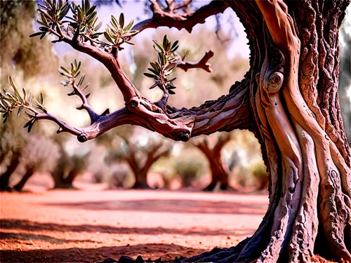 Olive tree, twisted trunk, gnarled branches, green olives, Mediterranean style, warm sunlight, soft focus, shallow depth of field, natural texture, rough bark, rustic atmosphere, 3/4 composition, cine