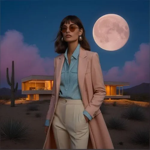 As dusk falls, a tranquil, huge,glowing,colossal moon rises amidst pink clouds and a pastel-toned twilight sky. The evening's minimalistic composition, set against a dark blue backdrop with gentle lig