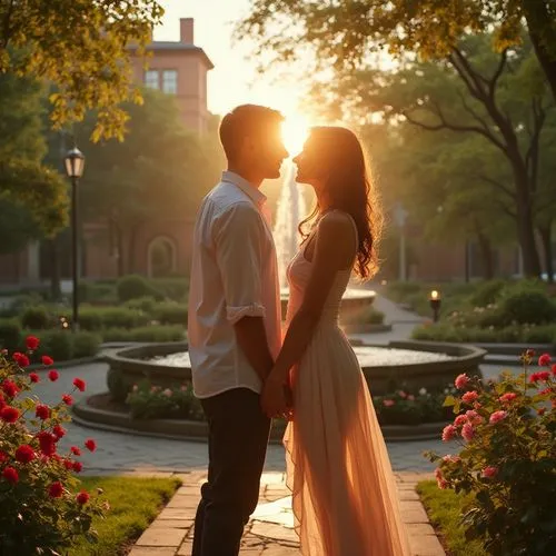 Romantic campus scene, bronze statue, elegant fountain, lush greenery, vibrant flowers, warm sunlight, soft shadows, gentle breeze, sweet music, beautiful couple, 20yo, embracing, kissing, holding han