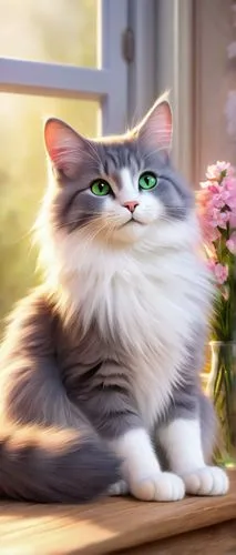 Marsey the cat, adorable whiskers, fluffy grey fur, cute pink nose, sparkling green eyes, sitting, paws together, on a soft cushion, in a cozy room, with warm sunlight, through a large window, surroun