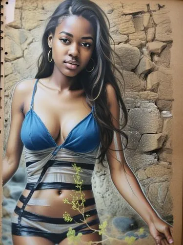 Rough hand-drawn sketch in black pen,a woman with her eyes closed and long hair in a bathing suit,thuli,ayanda,oil painting on canvas,colored pencil background,azanian,lekota