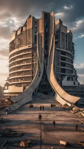 destroyed post apocalypse Futurist Architecture,concrete ship,dystopian,district 9,post-apocalyptic landscape,demolition,post-apocalypse,post apocalyptic,concrete plant,brutalist architecture,gunkanji