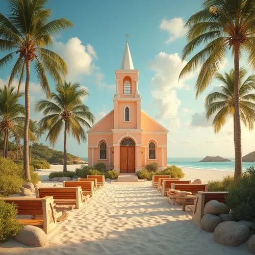 Beach church, apricot color, warm sandy dunes, tropical palm trees, clear blue sky, soft white clouds, gentle sea breeze, delicate seashells, driftwood benches, rustic wooden doors, stained glass wind