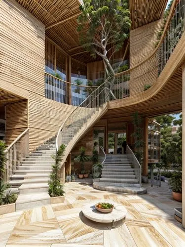 marble floor,wooden stairs,circular staircase,winding staircase,timber house,wood deck,wooden stair railing,spiral staircase,eco hotel,outside staircase,dunes house,laminated wood,patterned wood decor