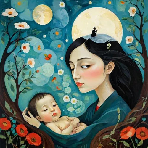 little girl and mother,maternal,motherhood,mother earth,mother with children,mother and children,Illustration,Abstract Fantasy,Abstract Fantasy 07